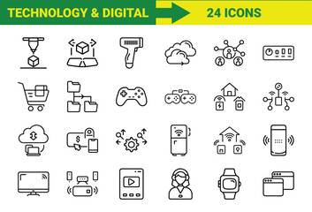 Fototapete - Vector icons representing modern digital technology including smart homes cloud computing and gaming equipment