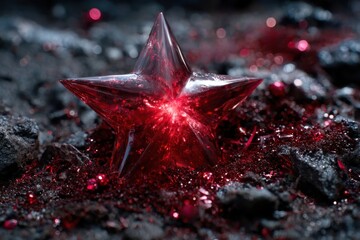 Poster - Shimmering red star rests on dark rocky surface amidst sparkling gems
