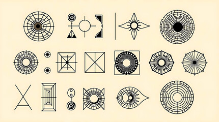 Poster - An array of intricate geometric shapes and symbols are displayed on a beige backdrop