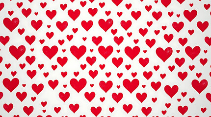 Poster - Red hearts are scattered across a white background in a repeating pattern