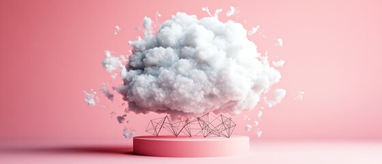 Poster - Abstract 3D rende of a fluffy white cloud floating above geometric structure on pink background