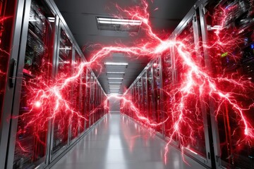 Poster - Red lightning effects illuminate a server room with rows of technology equipment