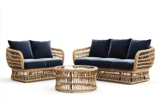Outdoor wicker furniture set with dark blue cushions, natural brown rattan sofa, light wood armchairs, glass coffee table, isolated on white background, 3D front view