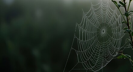 Delicate Spider Web Covered in Morning Dew with Copy Space