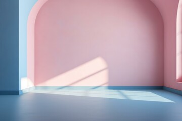 Poster - Sunlit empty room with pastel pink and blue walls, arched doorway, and window, creating an ethereal and modern atmosphere