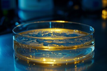 Poster - Petri dish containing a yellow liquid is illuminated from below, creating a captivating display of light and bubbles