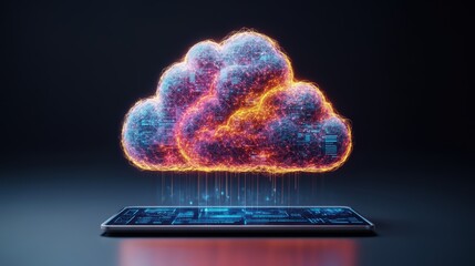 Poster - Digital cloud computing technology concept with glowing colorful cloud above a futuristic keyboard on dark background