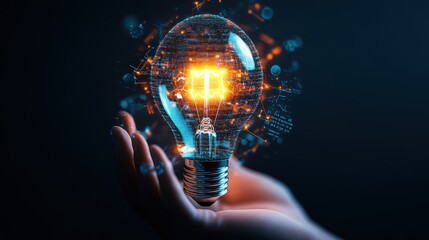 Poster - Innovative digital light bulb with glowing filament and technological holographic effects floating in dark background