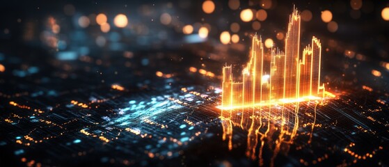 Poster - Futuristic digital stock market graph with glowing data points and illuminated cityscape background