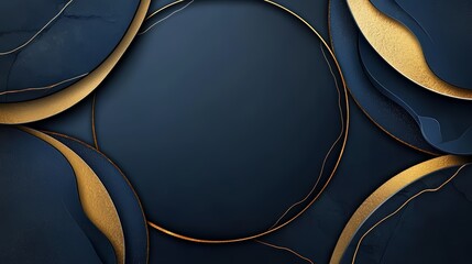 Poster - Blue background with gold circles and a black circle in the middle. The circles are arranged in a way that creates a sense of depth and movement, with some circles overlapping each other