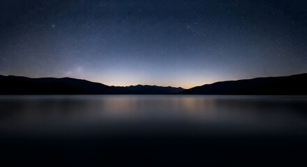 Majestic Lake, Distant Mountains, and Celestial Starry Sky Panorama
