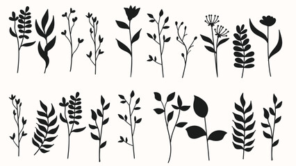 Wall Mural - Silhouette tree branch ,leaves and flowers nature collection.