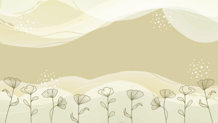 Wall Mural - Modern yellow pastel nature background with ginkgo leaf line art bohemian banner background illustration