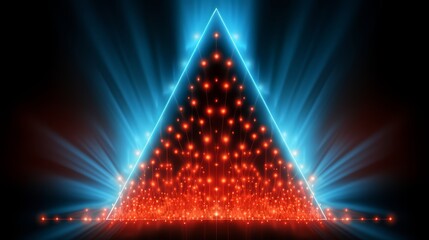 Wall Mural - Bright blue and red triangle with many lights shining on it. The lights are arranged in a way that creates a sense of depth and movement. Scene is energetic and dynamic