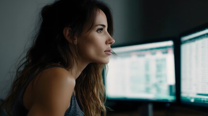 Poster - Woman comparing options on multiple monitors in her workspace