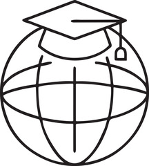 Poster - Graduation Cap on Globe Icons, Flat Black Vector, Global Education Symbols, International Study, Academic Achievement Elements