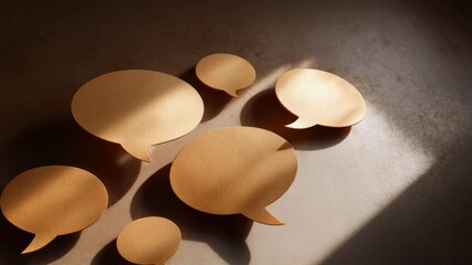 Poster - Creative Wooden Speech Bubbles Arranged on Simple Background with Soft Light Enhancing Unique Shapes and Textures for Modern Communication Concepts