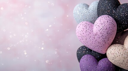 Wall Mural - bunch of hearts are stacked on top of each other, with some being purple and others being black. the