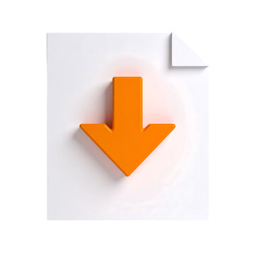 Orange Download Arrow Above Blank White Paper Document in 3D Render with Transparency