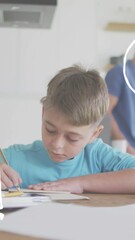 Poster - Animation of school items icons over caucasian father and son learning at home