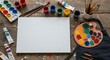 © Ceylon Frames - Art studio flat lay with blank canvas palette paint tubes brushes apron on splattered wooden table sharp color detail space for promo generative ai