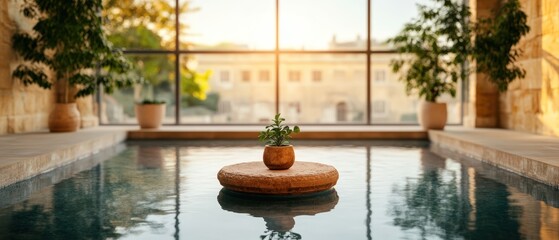Poster - Luxurious indoor pool area with tropical plants and warm sunlight streaming through large