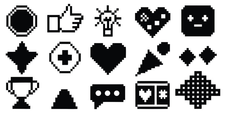 Minimalist Pixel Art Icon Set. Retro 8-bit vector symbols for web and app UI. Includes heart, trophy, and speech bubble for game assets.