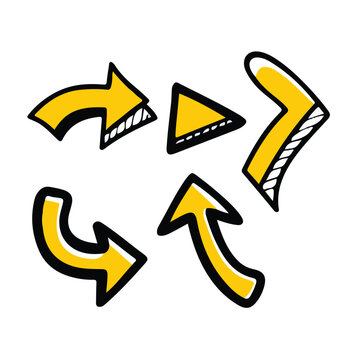 Collection of doodle arrow icon, modern flat arrow mark, brush stroke arrow symbol paint, hand drawn chalk pencil pointer and computer cursor for web design technology and navigation app business 