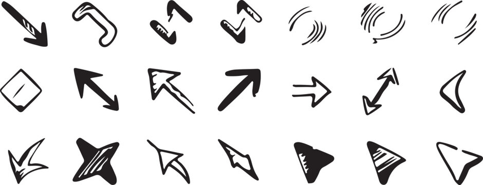 Collection of doodle arrow icon, modern flat arrow mark, brush stroke arrow symbol paint, hand drawn chalk pencil pointer and computer cursor for web design technology and navigation app business 