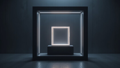 Poster - A modern minimalist display case with a glowing white frame stands empty in a dark room, ready to showcase a product or art