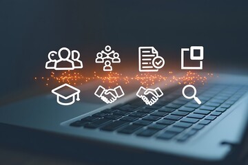 Fototapete - Digital icons representing education teamwork contracts and search appear above a blurred laptop keyboard symbolizing online learning and business opportunities
