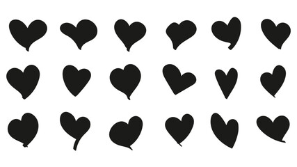 Poster - Collage of eighteen freeform handdrawnlike black hearts arranged in three rows on a white background