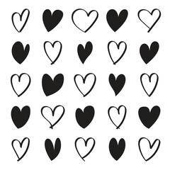 Poster - Rows of freehand heart doodles some filled some outlined in varying shapes and sizes