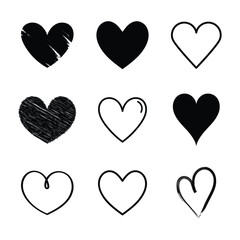 Poster - Nine stylized heart icons varied designs in black outlines and solid fills arranged in a grid