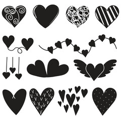 Poster - An arrangement of 12 diverse heart shape designs all rendered in solid black against a plain white backdrop