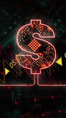 Poster - Animation of data processing over dollar icon with computer circuit board on black background