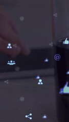 Poster - Digital composite video of web of connections with icons moving against person using a digital table