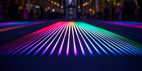 Poster - Colorful line of lights on a dark surface. The lights are arranged in a way that they appear to be moving. Concept of energy and excitement, as if the lights are dancing or pulsating