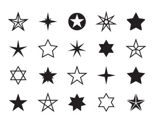 Poster - Collection of twenty star icons in black and white featuring various styles outlines and fill patterns on a white background