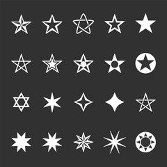 Poster - Image shows an array of twenty different white star designs arranged on a dark gray background