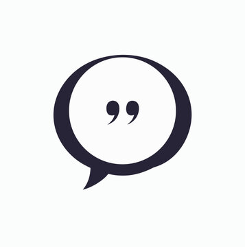 Simple dark blue speech bubble icon with quotation marks inside representing dialogue communication and ideas