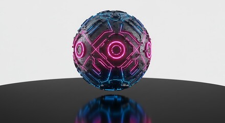 Poster - A futuristic orb with glowing neon accents floating above a reflective surface.