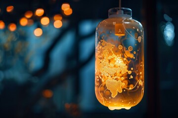 Poster - Modern style hanging lamp is illuminating the room with warm light in the evening