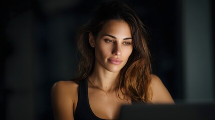 Poster - Woman studying investment strategies on laptop with focused expression