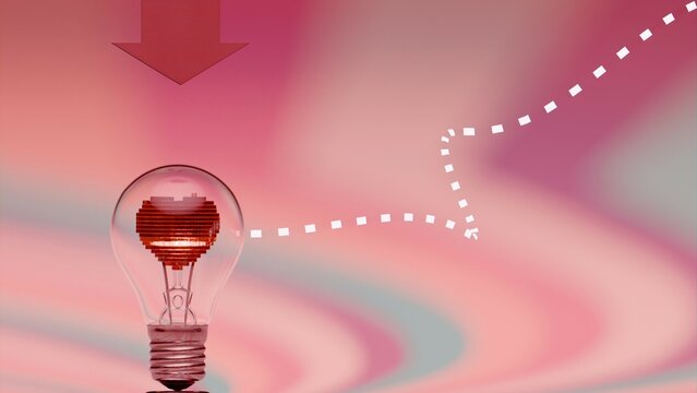 Light bulb with pixelated heart shaped filament under radial striped background
