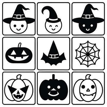 Black and white Halloween clipart with pumpkins, bat, spider web, and witches.