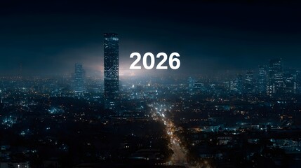 Poster - Futuristic urban skyline with 2026 digital banner