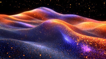 Poster - Colorful, glowing, and textured landscape with a blue and orange hill. The hill is covered in a fine, glittery substance that gives it a dreamy, otherworldly appearance