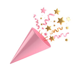 Poster - Pastel Pink 3D Party Popper with Golden Stars and Streamers on Transparent Background