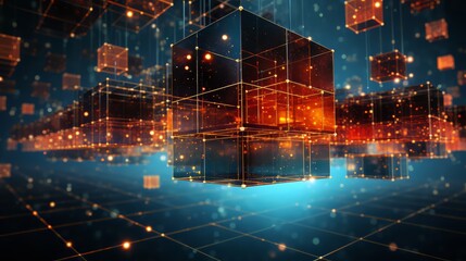 Poster - Computer generated image of a blue background with orange cubes. The cubes are arranged in a grid pattern and are illuminated with a bright light. Concept of technology and futuristic design